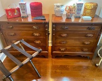 a pair of 4-drawer chests with pull out on top and carved drawer pulls. Measurements EACH 34” wide x 16.75” deep x 31.75” high