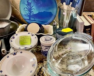 bottom right is a large oval covered FRENCH PYREX casserole, palest blue in color