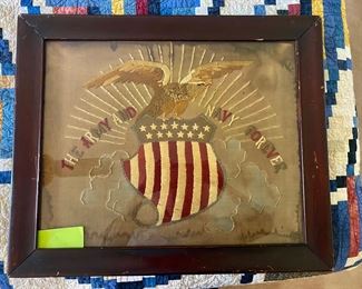 Truly lovely antique embroidered sampler “The Army And Navy Forever”. see following pic for closeup of front + pic of reverse. Framed in an old frame…it’s really special.