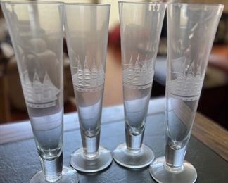 Ship motif etched wineglasses