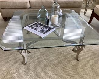 Glass top coffee table with beige metal base 48 Square x 17H