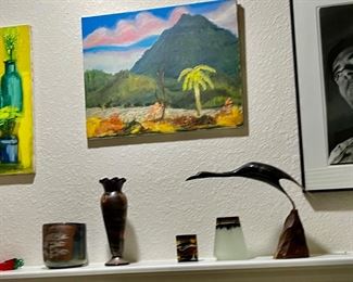 Paintings and photography by owner and assorted decorative collectibles