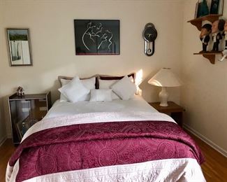 Queen Bed, Boxspring and frame $250 comforter & linnens also available for purchase. Vintage 3 Stodges figurines in picture on self collectables available for purchase best offer.