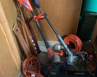 Electric weed eaters and blower 
Lots of extension cords