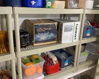 Coolers, Cuisinart yogurt/ice cream maker, dishes, plastic shelving units