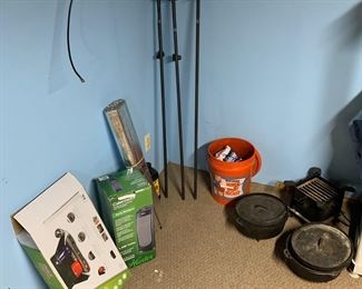 Cast iron cookware, tiki torches, Coleman stove, camping gear