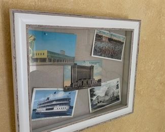 Shadow box with vintage Detroit post cards including Michigan station, Vernor's plant and more