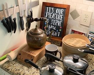 Pots, pans, copper vintage tea pot, knives