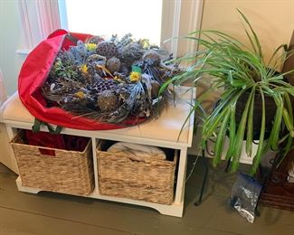 Cute white bench with storage, wreath