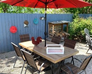 Patio table, chairs, umbrella