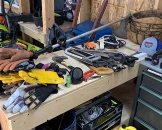 Tool box, saws, tools, gloves, spreader 
