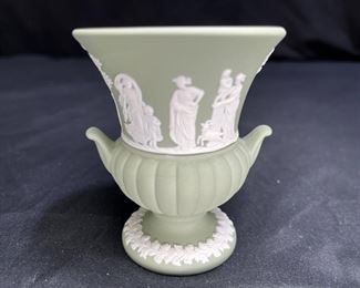 Green Jasperware Cupid Asleep & Aurora Footed Vase