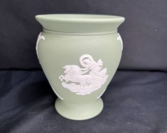 Green Jasperware Cupid Asleep & Aurora Footed Vase