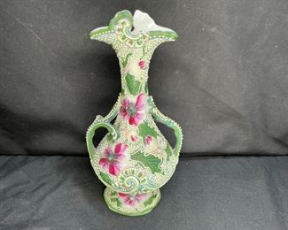Antique Nippon Moriage Floral Green & Magenta Vase