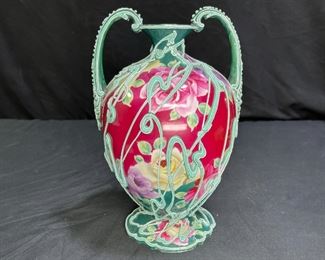 Antique Nippon Moriage Red Floral 2 Handle Vase