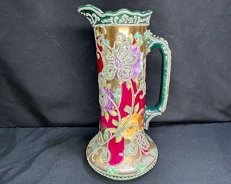 Antique Nippon Moriage Red Floral Pitcher