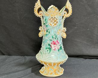 Antique Nippon Moriage 2 handled blue vase