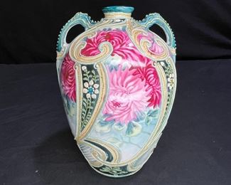 Antique Nippon Moriage Green Peony Vase