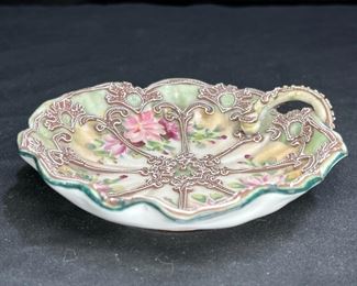 Antique Nippon Moriage Green Scalloped Dish