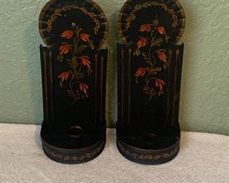 Early matching pair tin Toleware Candle Wall Sconces