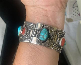 Signed Native American Turquoise & Coral Sterling Silver Cuff
