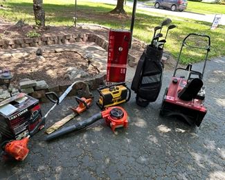 Tori Snow Blower, Craftsman Weed Eater (new in box), Leaf Blower, Dewalt Radio, Wet/Dry Vac, Golf Clubs, Hedge Trimmer