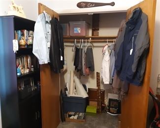 Office closet, ladies medium clothing, men's 46 leather blazer,  mens XL Columbia coat