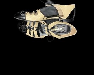 Chanel black and tan lace up open work flats, excellent condition, size 38