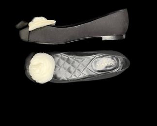 A pristine collection of CHANEL flats is included, as well as shoes by other designers.  Most are European lady's size 38, which translates to 7 or 7 1/2 in US.  Above is a pair of Chanel "Camellia" cap toe evening flats.