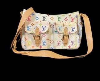 Louis Vuitton white monogram multicolor coated caviar leather "Lodge PM" shoulder bag, with some staining over the two pockets
