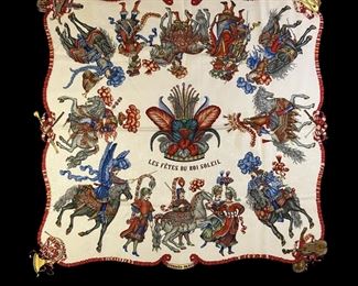 Scarves by Hermes, Chanel, Louis Vuitton, Loro Piana, Eskander, and more.  The photo  above features HERMES “Les Fetes du Roi Soliel” Silk Scarf appx 35x35