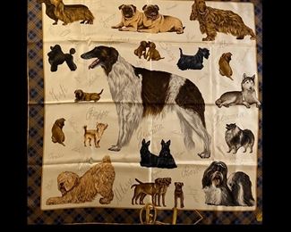 Mantero Collection  VIII Scarf with a Plaid Border and Dog Illustrations appx 34x34