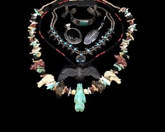 Native American jewelry 2Ralph Hopi Sterling bracelet, Brian Yatsatti carved jet Zuni Raven,  vintage Zuni double strand Squash Blossom necklace and Mother In Law Bell earrings…Bill Mex Dineh, Harvey Mace