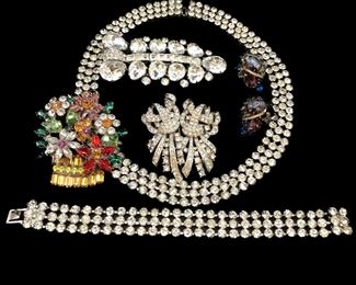 Czechoslovakia signed three row necklace  and bracelet, signed Ledo Poleini duette brooch, signed Eisenberg fur clip, vintage 1920-50s