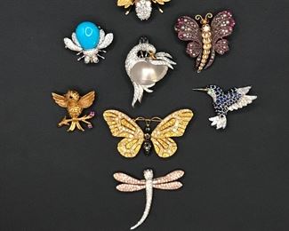 Figural pins in precious and semi-precious stones set in 14k and 18k gold