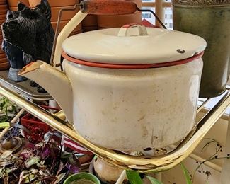 Vintage White enamel with red trim tea kettle 