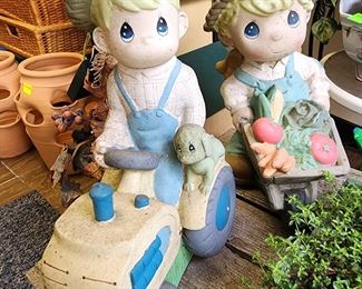 Precious Moments Angel Boy with Vegetable Garden Cart 10" Lawn Statue  and Sam B Tractor Boy