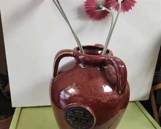 Large Vintage Red Ceramic 3 handled Asian Pottery, 12 inch tall 