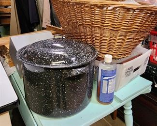 hot water bath canner, Large wicker Laundry basket and vintage painted blue drop leaf table plus one leaf