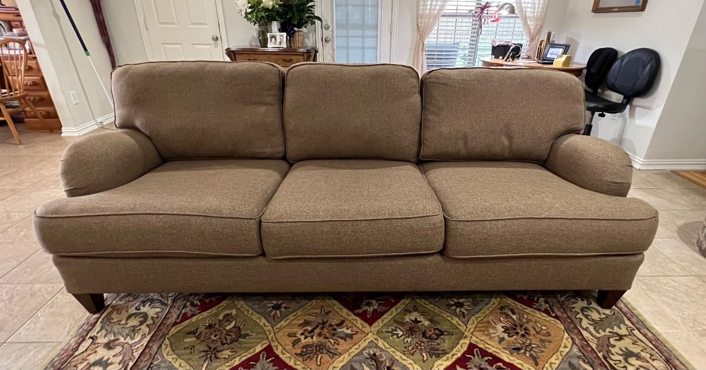 Beautiful sofa from Stacey Furniture. In excellent condition, was usually covered by a quilt. No tears, snags or stains. SIZE: 90” long, 30” tall (34” to top of cushions), 39” deep. Non smoking, no pets in home.