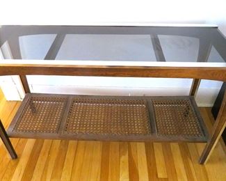 Mid-century glass and cane sofa table