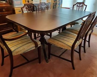 Antique Cherry Pedestal Table with 2 Leaves and 6 Chairs. Photo only shows only 1 of 2 Leaves. 2 Cloth Leaf Storage Bags included. 