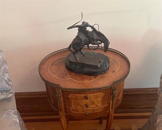 French Louis XVI style side table or nightstand topped with marquetry top, fluted legs finished with golden bronze clogs. 
