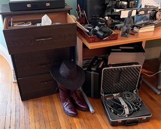 Cowboy boots, desk, filing cabinet, office accessories