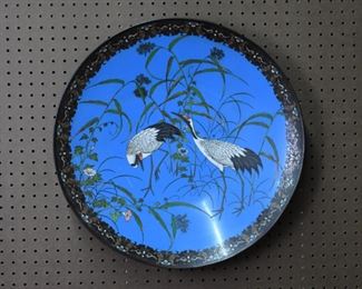 Large Asian Crane Brass Cloisonné Charger