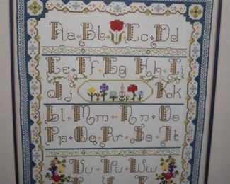 Needle point, stitched Alphabet framed