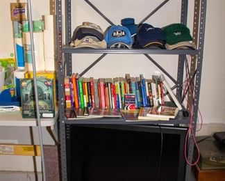 Hats, books, lamp, TV