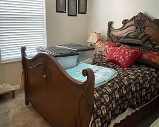 Hand-carved antique bed, custom bedding