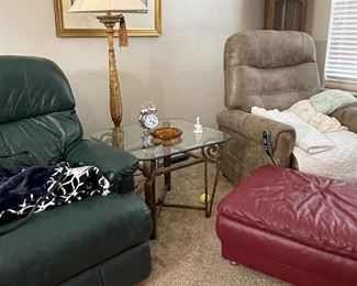 Leather recliners, grandfather clock, lift chair, floor lamp