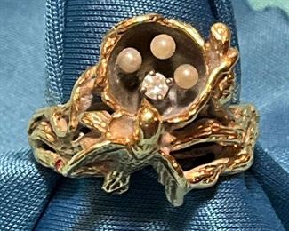 Birds Nest Gold, Diamond An Pearl Statement Ring